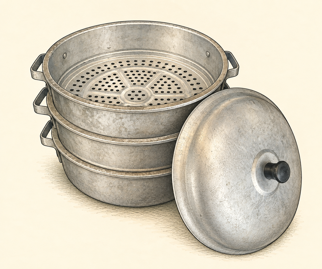 Illustration of Stacked Aluminum Steamer Set