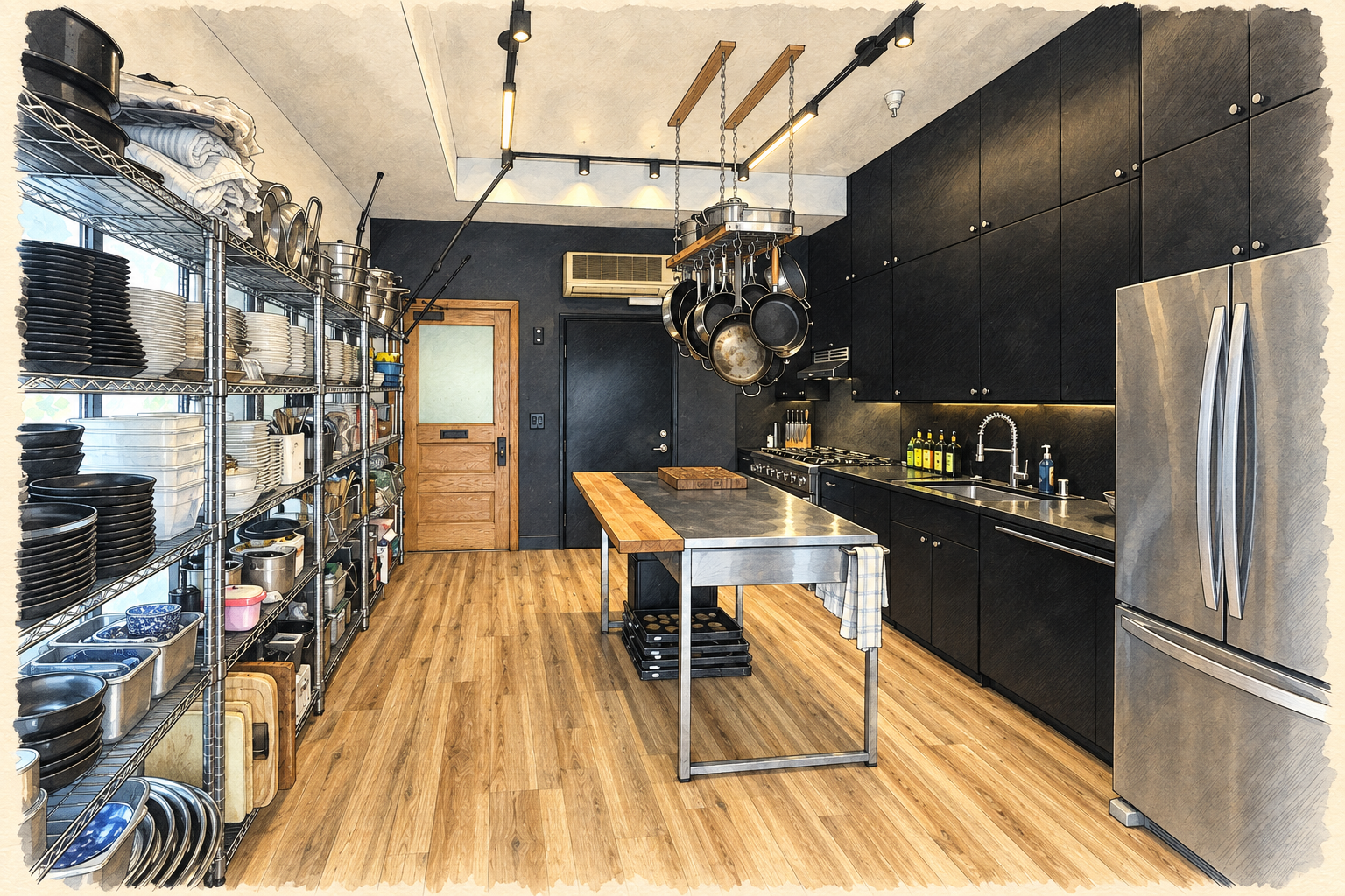 Illustrated overview of the Dinner Club chef kitchen layout